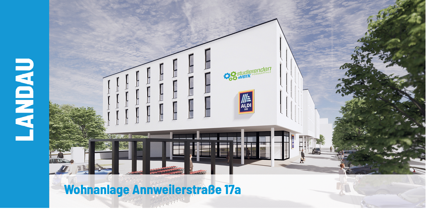 3D-Visualisierung eines modernen Wohngebäudes mit Eingangsbereich, Bäumen und Einkaufsmöglichkeit in Landau